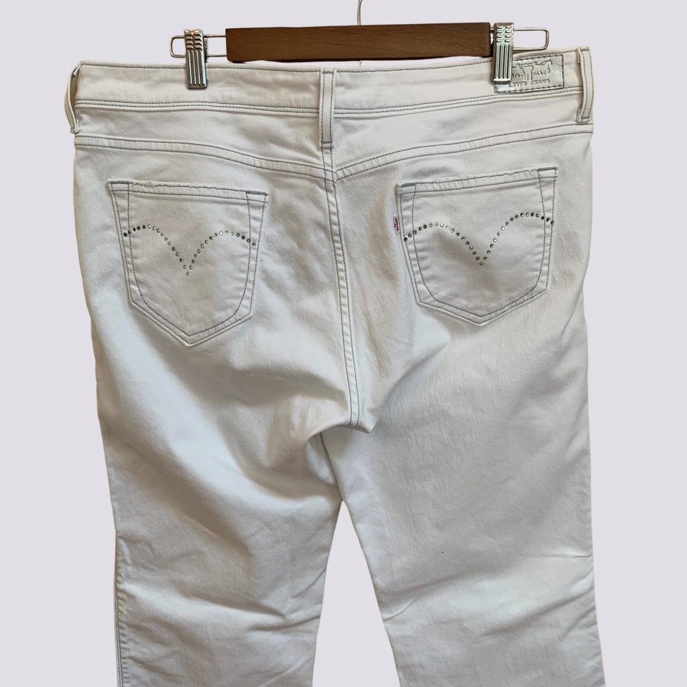 🥳Host Pick 🥳LEVI’S Night Blues White Denim Bling Pockets Flare Leg Sz 14